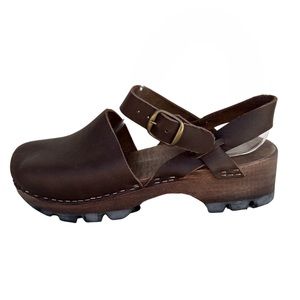 Brown Leather Sling Back Clog Mules